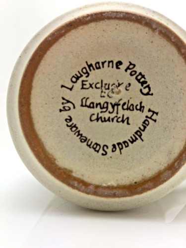 LAUGHARNE Pottery Mug Vintage Llangyfelach Parish Church Handmade Stoneware - Foto 3 di 7