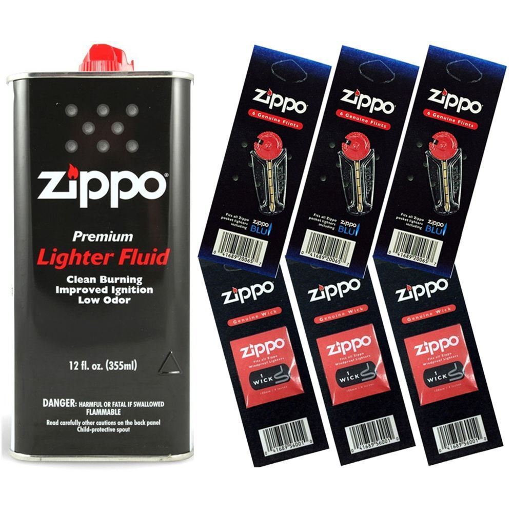 Zippo Lighter Fluid Fuel 12oz & 6 Value Pack (18 Flints + 3 Wick) Gift Set Combo. Available Now for 15.99