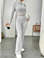 Spring Knitted 2 Piece Sets Women Tracksuit Long Sleeve Sweater Crop Top Pants