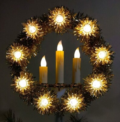 Vintage Style Gold Tinsel Candle Wreath Christmas Tree Topper Starburst Lights
