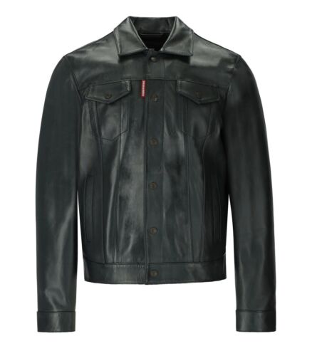 Dsquared2 Dan Jean Green Leather Jacket Men's - Picture 1 of 4