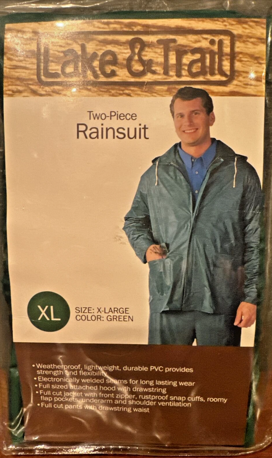Lightweight Rainsuit 2 piece Pants & Jacket Coat Green PVC Hood XL-new