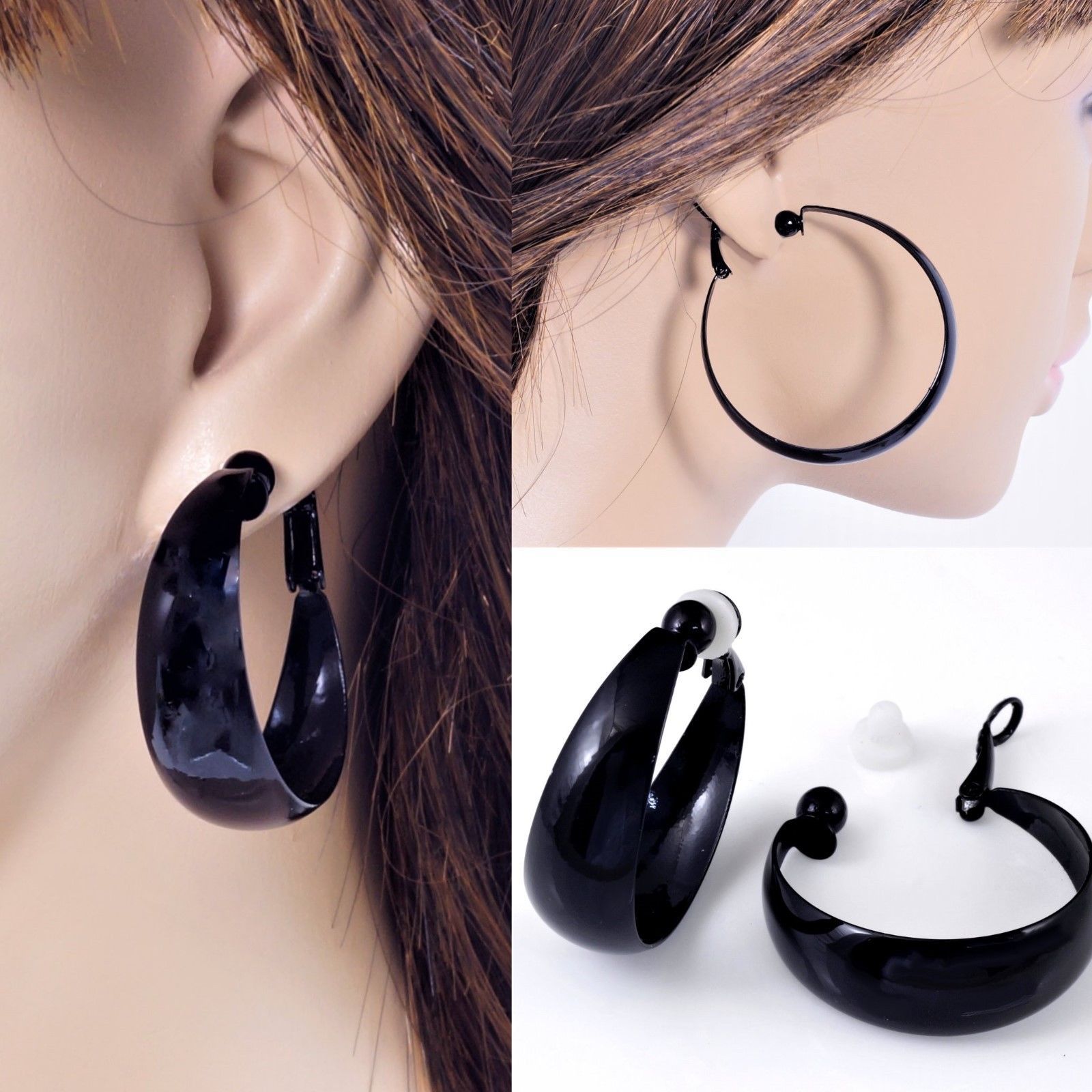 #C100y NEW NON-PIERCED CLIP ON WIDE BAND SEXY BLACK ROUND HOOP WOMEN EARRINGS
