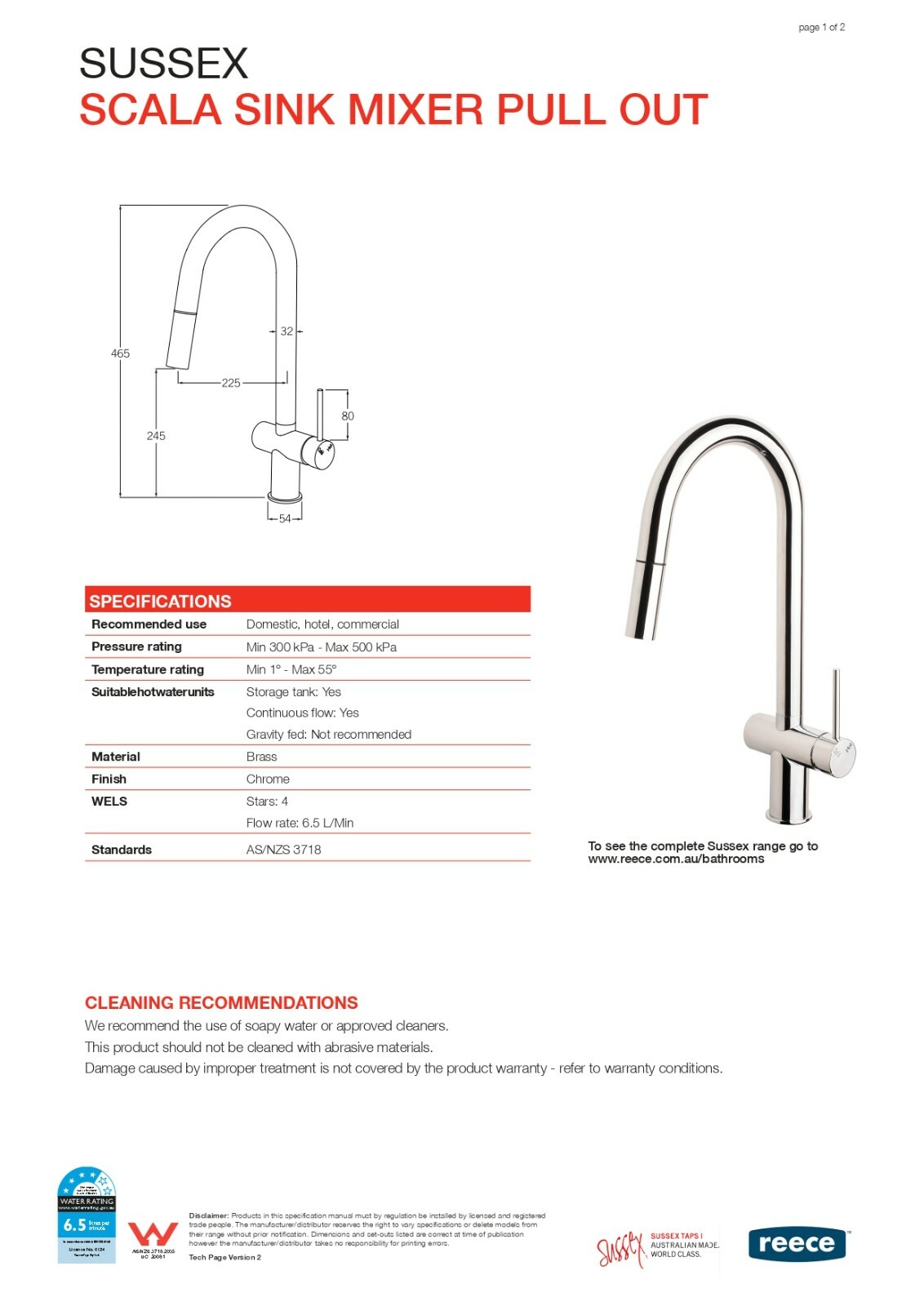 Sussex SCALA PULLOUT SINK MIXER Curved Gooseneck, WELS 4 Star CHROME