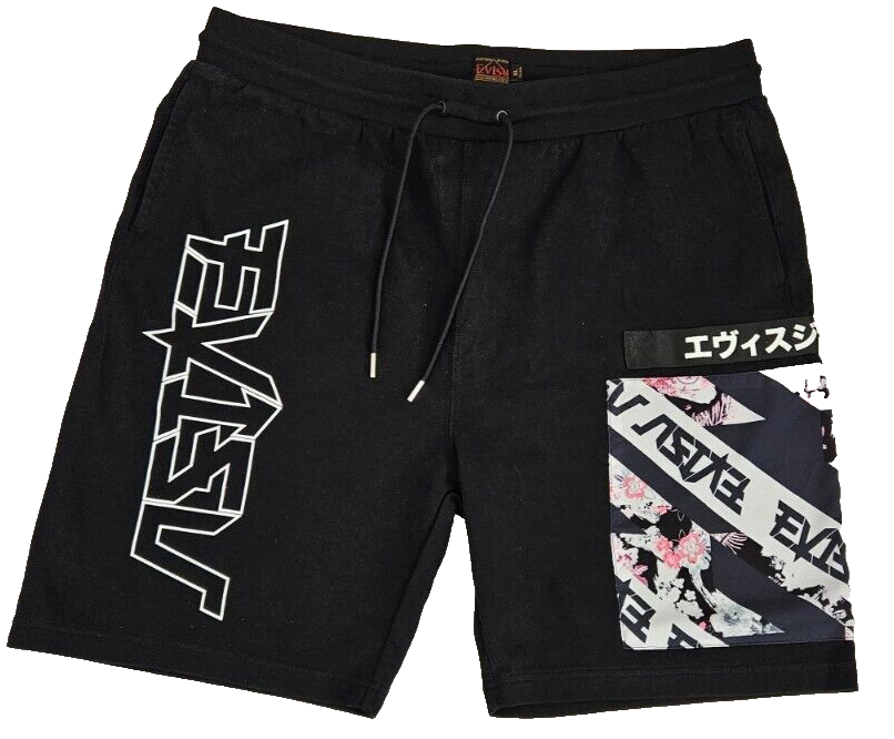 EVISU Skura Black Sweat Shorts Men's Size XLarge RN 120435 EVISU Skura Black Sweat Shorts Men's Size XLarge RN 120435