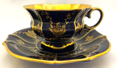 Lindner Kueps Bavaria Tea Cup and Saucer Echt Cobalt Blue & Gold Floral Vine