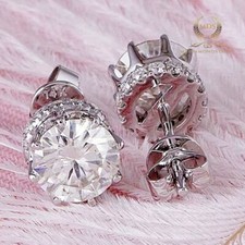 3 Carat Round Cut Moissanite Hidden Halo Stud Earrings Solid 14K White Gold