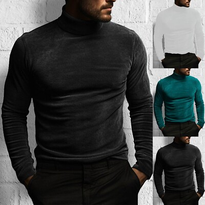 Male T Shirt Gold Velvet Long Sleeve Solid Color Turtleneck Street Vacation 