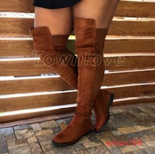 Women's Over The Knee Thigh High Boots Round Toe Low Heels Faux Suede Shoes Zip