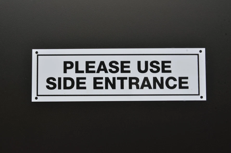 PLEASE USE SIDE ENTRANCE door sign or sticker 190mmx58mm access parcel delivery