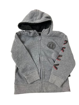 DKNY Heather Grey Zip Up Hoodie With Plush Black Lined Hood 