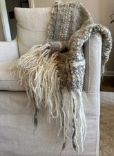 Handwoven Wool Fiber Art Throw Blanket Gray Cream Chunky Fringe Boho Textile