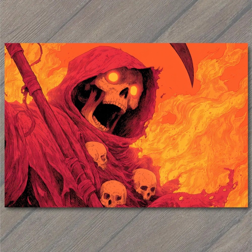 POSTCARD Grim Reaper Skeleton Scythe Flames Fire Hooded Red Orange