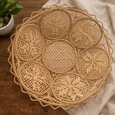 Handwoven Round Wicker Basket | Natural Fiber Boho Wall or Table Decor