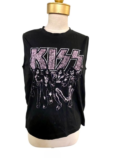 Women's T-Shirt Kiss The Band size 12 Sleeveless Tank Top Tee Black & Pink Music