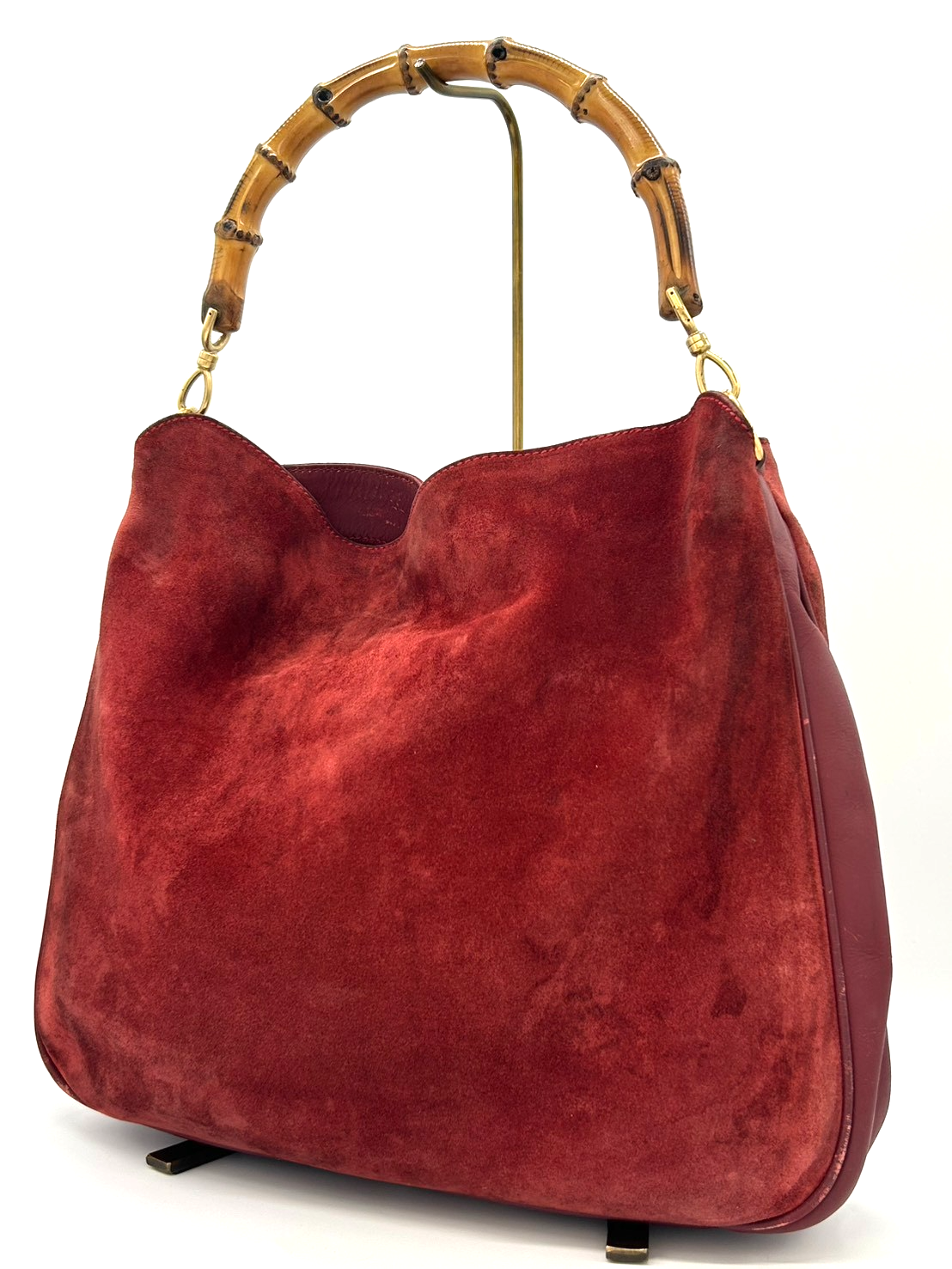 Gucci Bamboo Suede Leather Red Shoulder Bag Hand Bag Authentic
