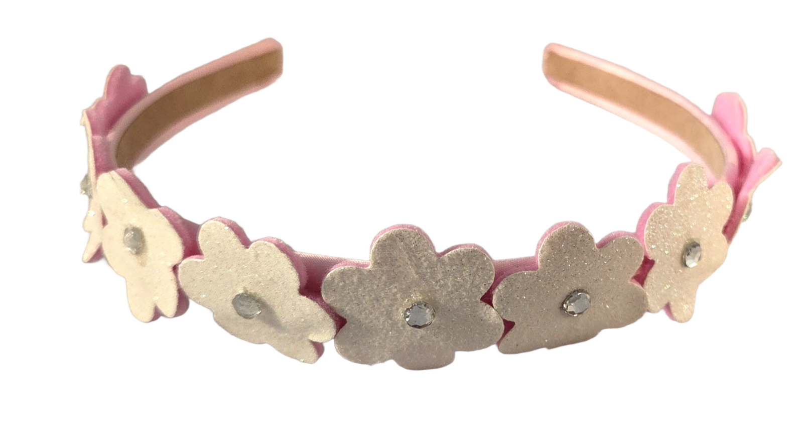 NEW Girls White Glitter Flower Alice Headband 1.3cm Wide Pink Fabric Hair Band