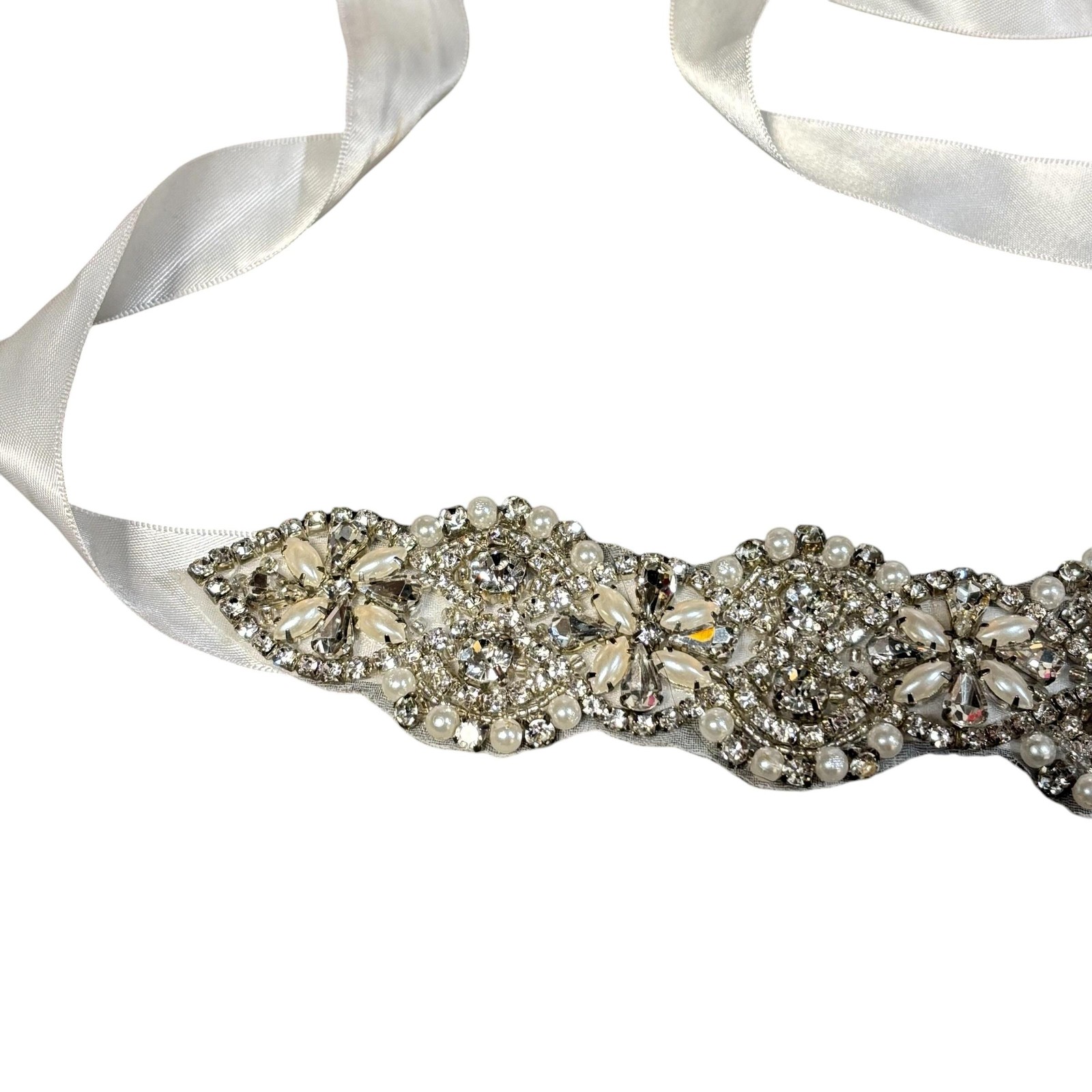 Bridal Wedding Sash Belt Womens One Size White Satin Rhinestone Pearl Beaded
