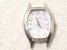 Vintage Timex Women's Diamonds Bezel Quartz Watch Mother Pearl Dial S Steel