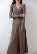 Womens Long Cashmere Sweater Dress Slim V-neck Elegant Knitwear Stretchy Dress