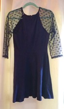 Express Cotton Dress Navy Blue With Sheer Polka Dot Sleeves Large Zipper