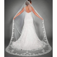 Ursumy Gorgeous Wedding Lace Veils Floral Long Cathedral Veils for Brides Soft T