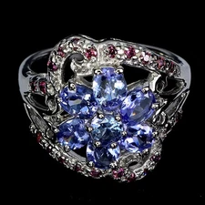 925 Sterling Silver Ring Oval Tanzanite Rhodolite Natural Gemstone Jewelry Size 