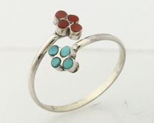 Vintage Zuni Ring 925 Silver Coral  Turquoise Snake Eye Inlay