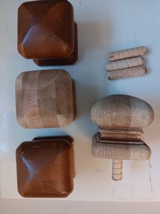 Set of 4 oak wood bed or stair post finials, 3- 7/8 inch square base