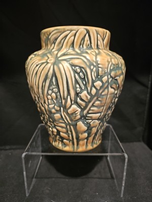 Art Deco RARE Weller Ware Art Pottery Caramel/Green Vase Marvo 1920 Palms Ferns 