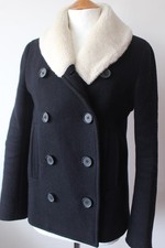 Jigsaw Womne's Double Breasted Pea Coat Black Navy Wool Blend Faux Fur Collar 8