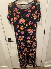 Bobbie Brooks 1X Black Multicolor Floral Short Sleeve Round Neck Maxi Dress