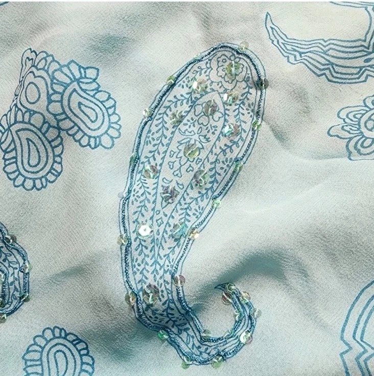 Blusa Top Y2K Años 90 Seda Correa Espagueti Azul Paisley Cuentas Lentejuelas Hippie Delicada Foto 2 de 4