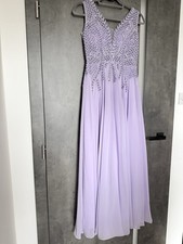 Petite Long Lace Prom Evening Dress with Crystals V-Neck & Slit - Lilac UK6 XS