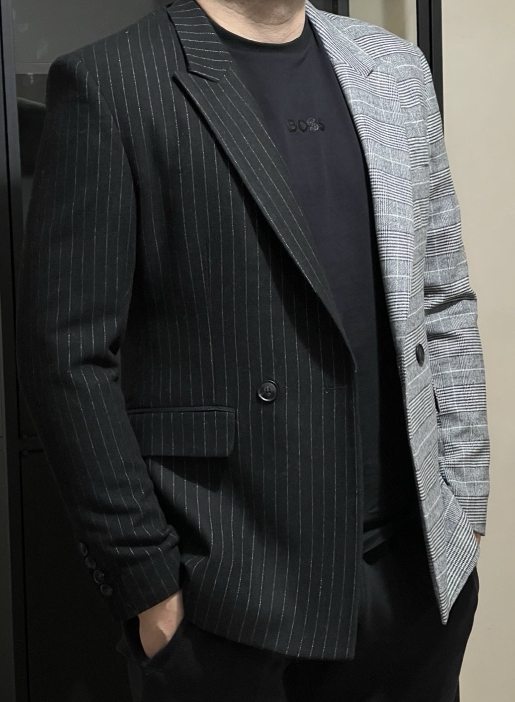 JUUN.J Split Blazer Half Plaid Half Pinstripe Dec… - image 4