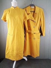 Vintage Butte Knit Womens Yellow Dress Coat Ensemble 14 100 Wool Shift 60s MOD