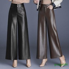Fashion Women's Faux Leather Trousers Wide-leg Pants Straight Casual Outwear SZ