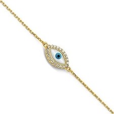 14K Yellow Gold CZ Evil Eye Good Luck Bracelet 7" 1"