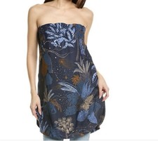 Farm Rio Night Jungle satin Navy Blue Strapless tunic Blouse Size SM Beach