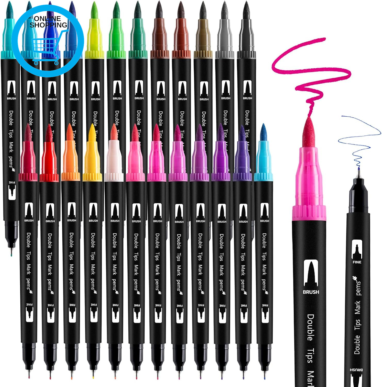 24 Colours Colouring Pens,Dual Tip Marker Pens Washable Brush Tip Felt Tip Pens