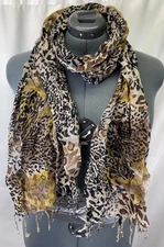 Cejon Animal Print Scarf With Silver Thread Weaved Into Fabric 76X21.5 In