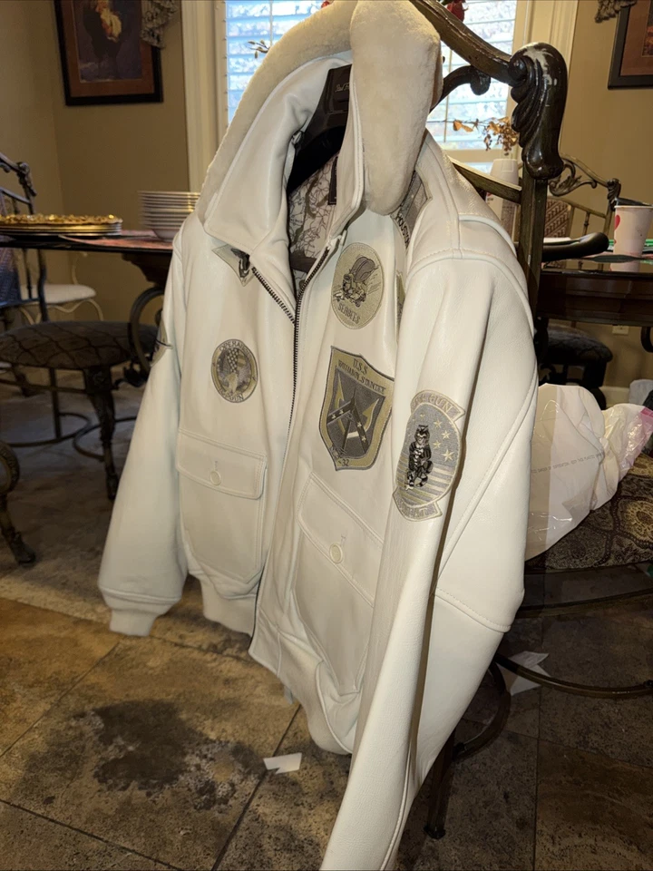 Chaqueta de bombardero de cuero para hombre XLTop Gun Bomber blanca azul marino de EE. UU. Foto 3 de 4