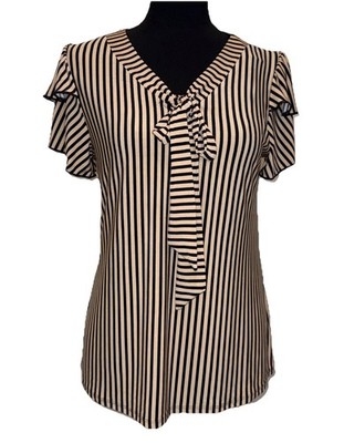 Atelier 29 Women's Short Sleeve Tan & Black Striped Blouse, Tie, NWT, Small