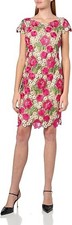Xscape Short Sleeve Floral Lace Embroidered Sheath Midi Dress Fushia/Nude Size 8