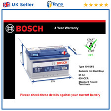 EFB Car Battery S4E07 Bosch 100 EFB 650A 65Ah 4Yr WTY 278x175x175 Start Stop
