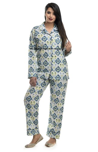 Women's 2 Piece Block Print Cotton Pajama Set Long Sleeve Top + Pant M - XXL - Picture 1 of 6