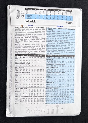 Butterick 3585 Misses Shirt, Shirt Dress, Skirt, Pants 2002 Pattern 14-18 Uncut - Picture 2 of 2