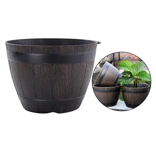 Large Resin Planter Garden Flower Plant Pot Walnut Barrel Gardening