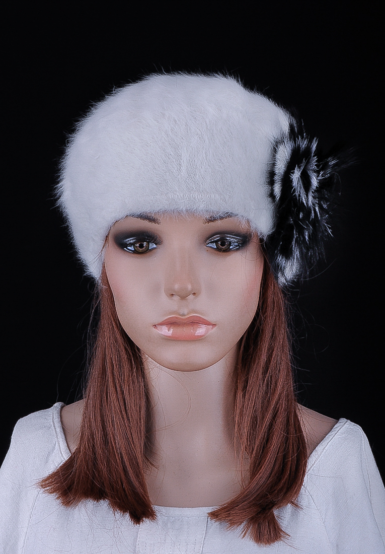 M398 White Women's Cute Fur Flower Soft Faux Rabbit Fur Winter Hat