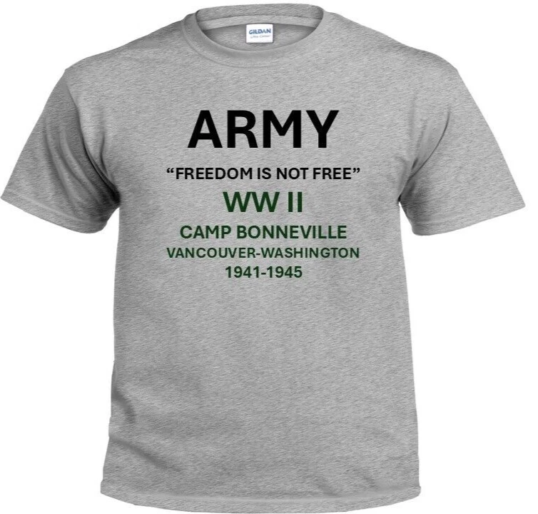 CAMP BONNEVILLE* WASHINGTON*1941-1945*WW II*PT SHIRT. OFFICIALLY LICENSED